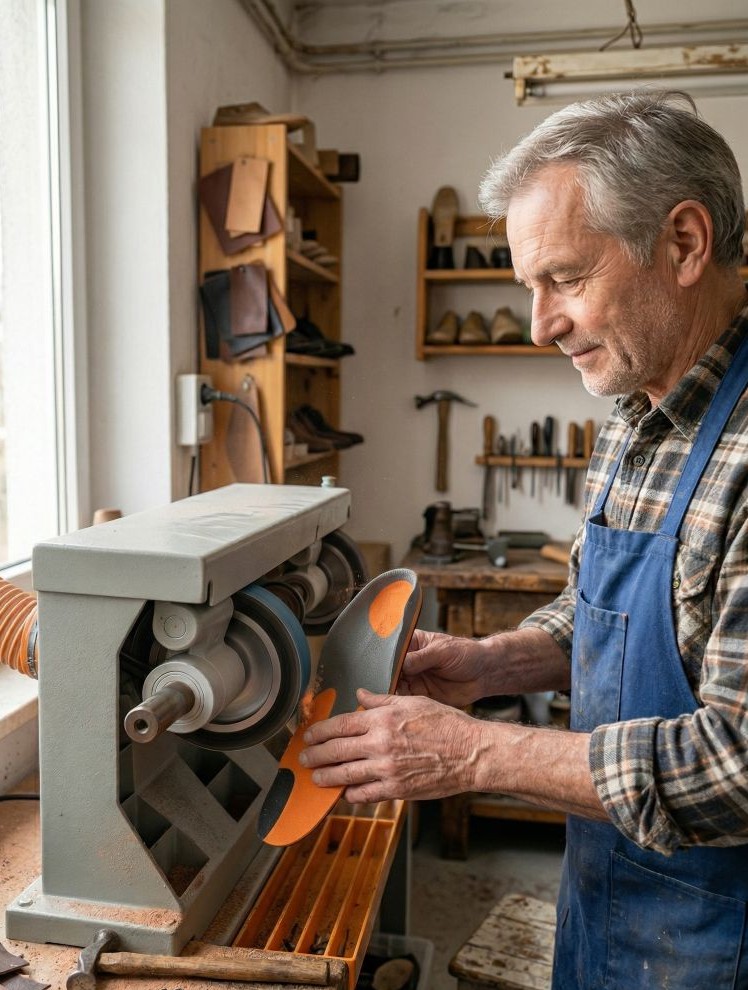 Meister schleift orthopädische Einlage in der Werkstatt bei Winzer Gesunde Schuhe