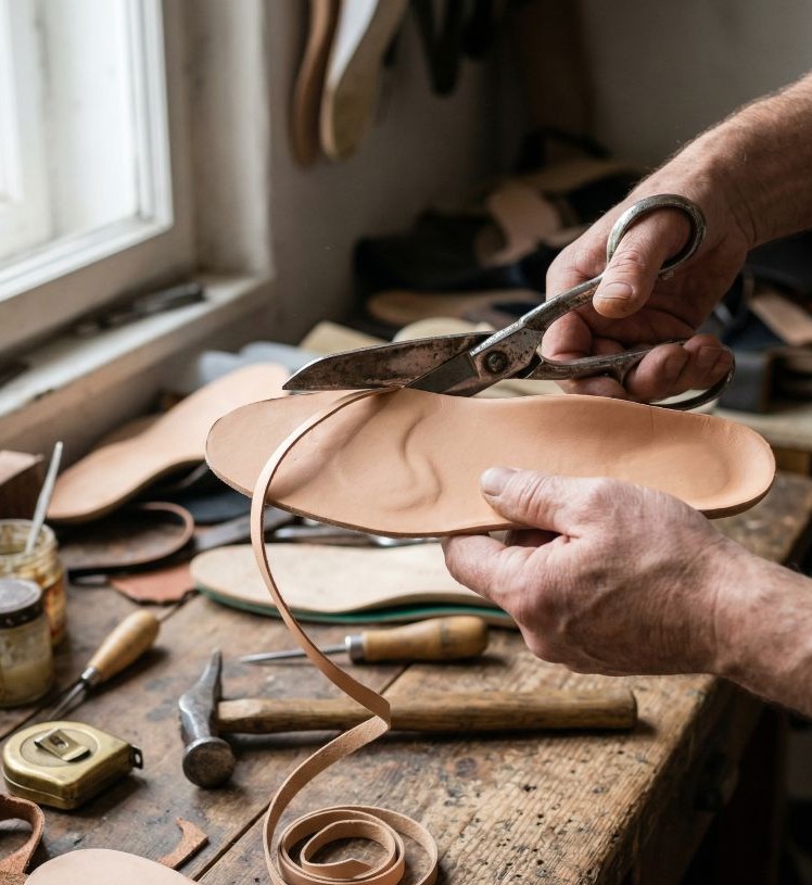 Handwerkliche Arbeit in der Werkstatt – Einlage wird zugeschnitten